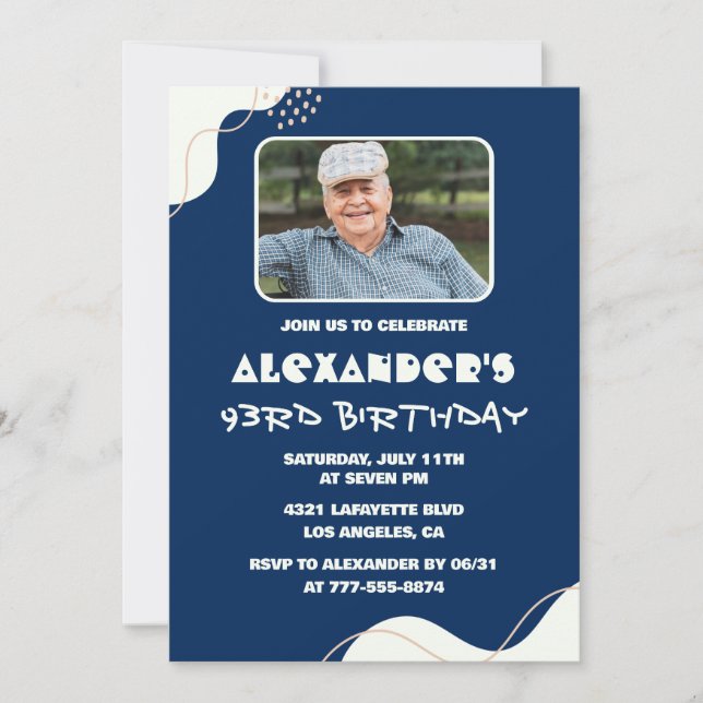 Simple 93rd birthday invitations Men Photo Navy (Front)