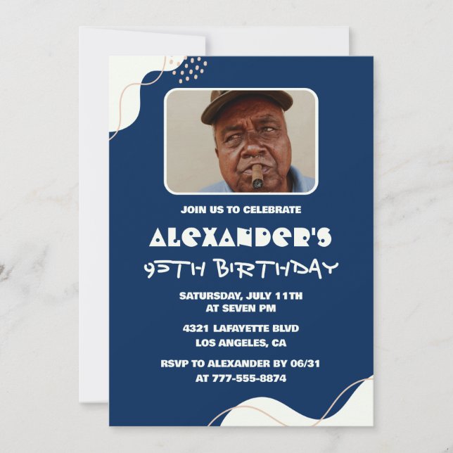 Simple 95th birthday invitations Men Photo Navy (Front)