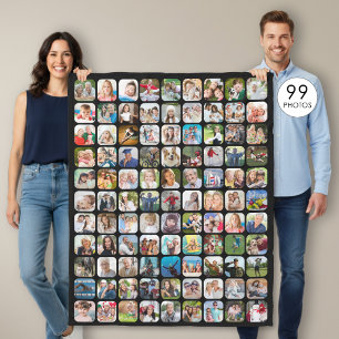 Simple 99 Photo Collage Rounded Square Black Fleece Blanket