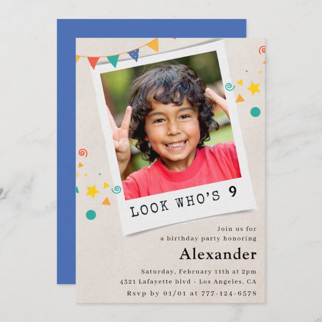 Simple 9th birthday invitations Blue Photo (Front/Back)