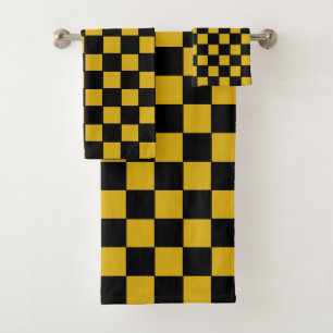 Simple Abstract Black & Golden Chequered Bath Towel Set