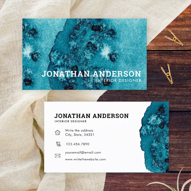Simple Abstract Blue Watercolor Interior Designer Business Card (Front and Back)