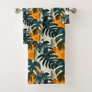 Simple abstract pattern with leaves of monstera, f bath towel set