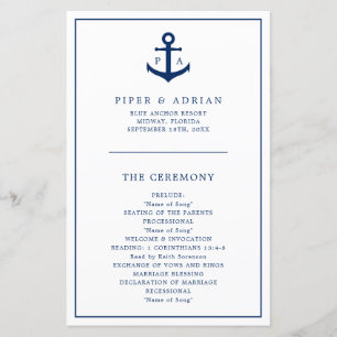 Simple Anchor Monogram Nautical Wedding Program