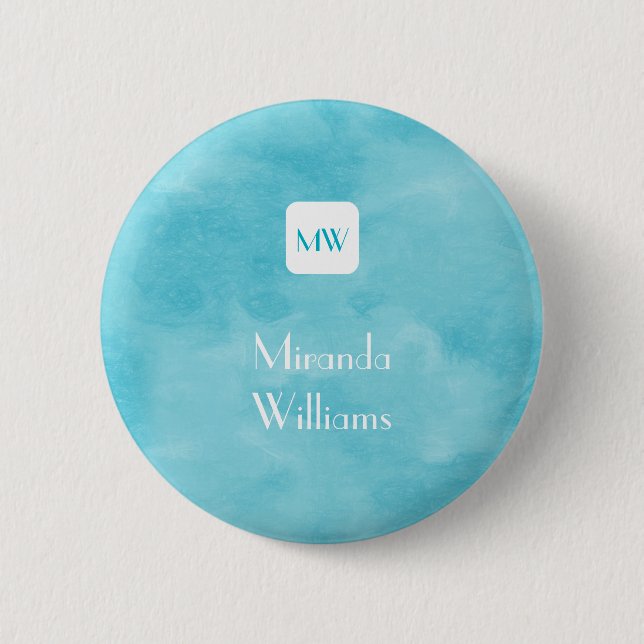 Simple and Chic Aqua Turquoise Monogram With Name 6 Cm Round Badge (Front)