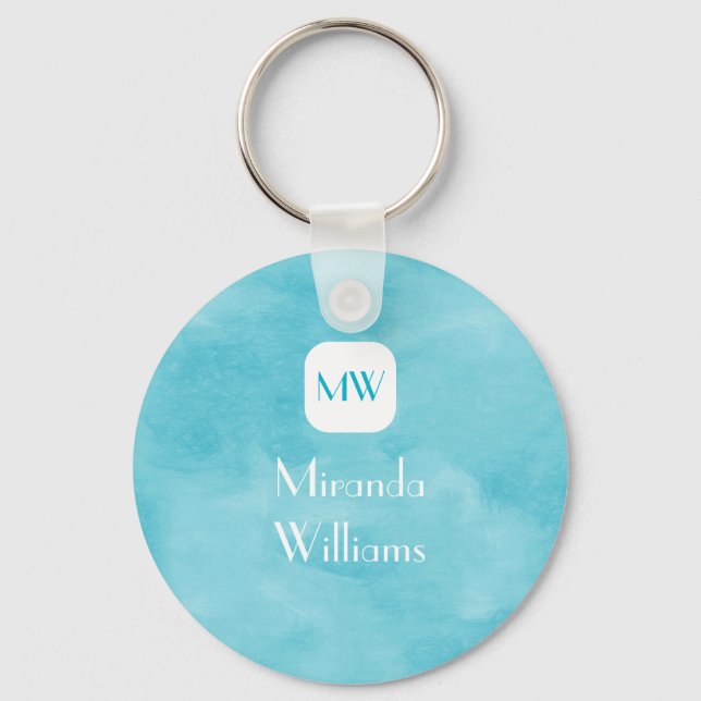 Simple and Chic Aqua Turquoise Monogram With Name Key Ring (Front)