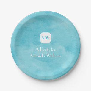 Simple and Chic Aqua Turquoise Monogram With Name Paper Plate