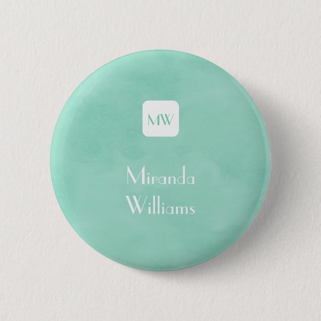 Simple and Chic Mint Green Monogram With Name 6 Cm Round Badge (Front)