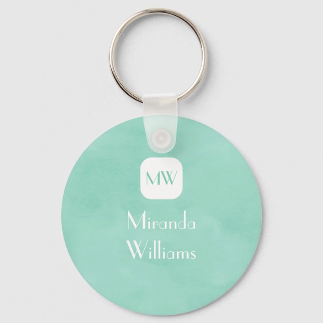 Simple and Chic Mint Green Monogram With Name Key Ring (Front)