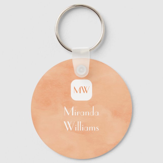 Simple and Chic Peach Orange Monogram With Name Key Ring (Front)