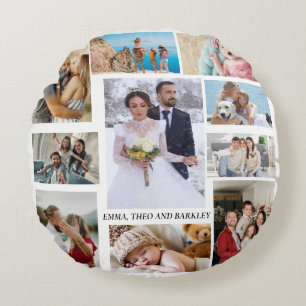 Simple and Chic Photo Collage Wedding and family Round Cushion