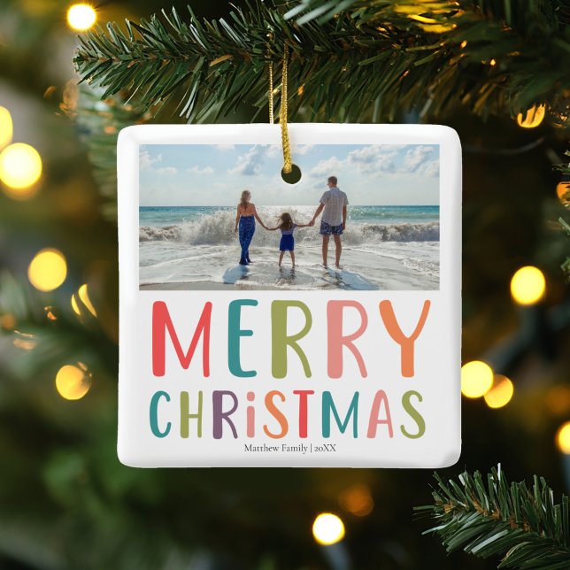 Simple and Colourful Merry Christmas Family Photo Ceramic Ornament (Creator Uploaded)