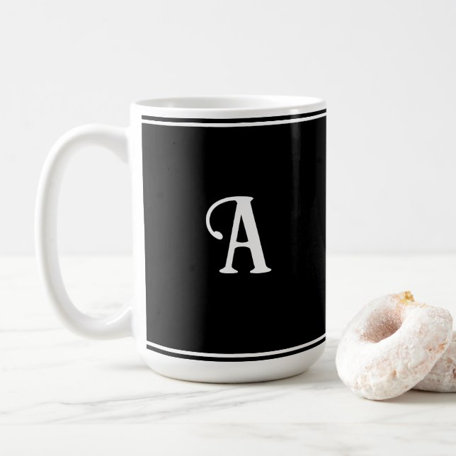 Simple and Elegant Black and White Custom Initial Coffee Mug (With Donut)