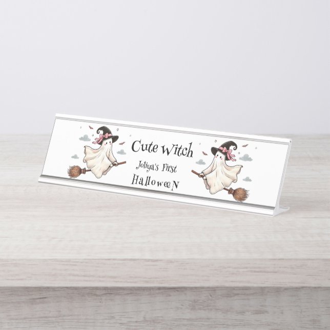 Simple and Elegant Cute witch first Halloween Desk Name Plate (Front)