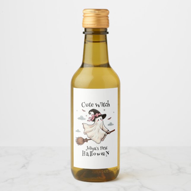 Simple and Elegant Cute witch first Halloween Wine Label (Front)