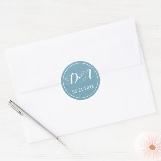 Simple and elegant initials blue wedding classic round sticker