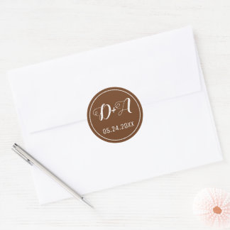 Simple and elegant initials brown wedding classic round sticker
