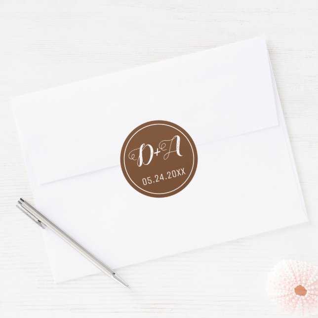 Simple and elegant initials brown wedding classic round sticker (Envelope)