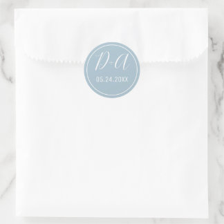 Simple and elegant initials dusty blue weddingr classic round sticker