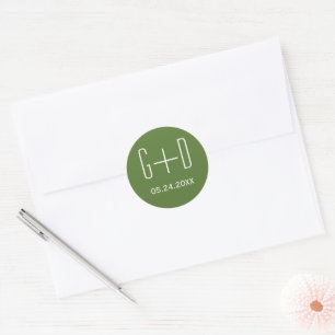 Simple and elegant initials green wedding classic round sticker