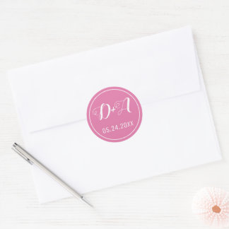 Simple and elegant initials pink wedding classic round sticker
