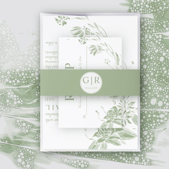 Simple and elegant initials sage green wedding invitation belly band (Creator Uploaded)