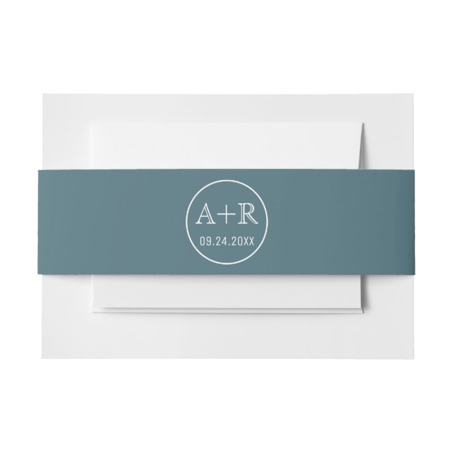 Simple and elegant initials teal wedding invitation belly band (Front Example)