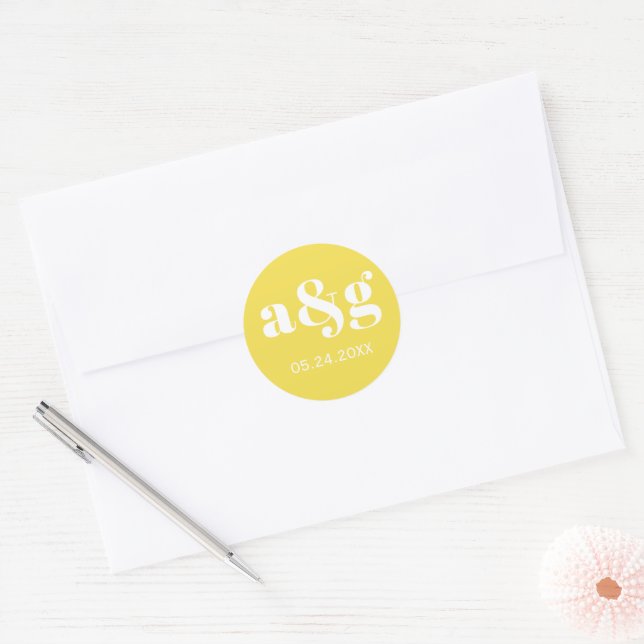 Simple and elegant initials yellow wedding classic round sticker (Envelope)
