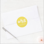 Simple and elegant initials yellow wedding classic round sticker<br><div class="desc">Simple,  elegant initials illuminating yellow wedding sticker. It displays your initial and the date of your wedding in white on yellow background. It coordinates with our "Grey and yellow seahorse beach wedding" collection.</div>