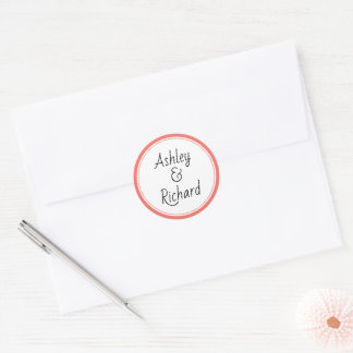 Simple and elegant names living coral wedding classic round sticker