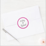Simple and elegant names magenta pink wedding classic round sticker<br><div class="desc">Simple and elegant names magenta fuchsia pink and white wedding Classic Round Sticker that features your names on white with a magenta border. It coordinates with our "Magenta tropical leaves" wedding collection.</div>