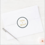 Simple and elegant names navy blue wedding classic round sticker<br><div class="desc">Simple and elegant names navy blue,  gold and white wedding Classic Round Sticker. It displays your names on white with a navy blue border. It coordinates with our "Pink and Navy blue tropical leaves" wedding collection.</div>
