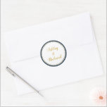 Simple and elegant names navy blue wedding classic round sticker<br><div class="desc">Simple and elegant names navy blue,  gold and white wedding Classic Round Sticker. It displays your names on white with a navy blue border. It coordinates with our "Pink and Navy blue tropical leaves" wedding collection.</div>