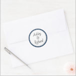 Simple and elegant names navy  blue wedding classic round sticker<br><div class="desc">Simple and elegant names navy blue and white wedding Classic Round Sticker. It displays your names on white with a navy blue border. It coordinates with our "teal and navy tropical leaves" wedding collection.</div>