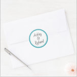 Simple and elegant names teal wedding classic round sticker<br><div class="desc">Simple and elegant names teal and white wedding Classic Round Sticker. It displays your names on white with a teal border. It coordinates with our "teal tropical leaves" wedding collection.</div>