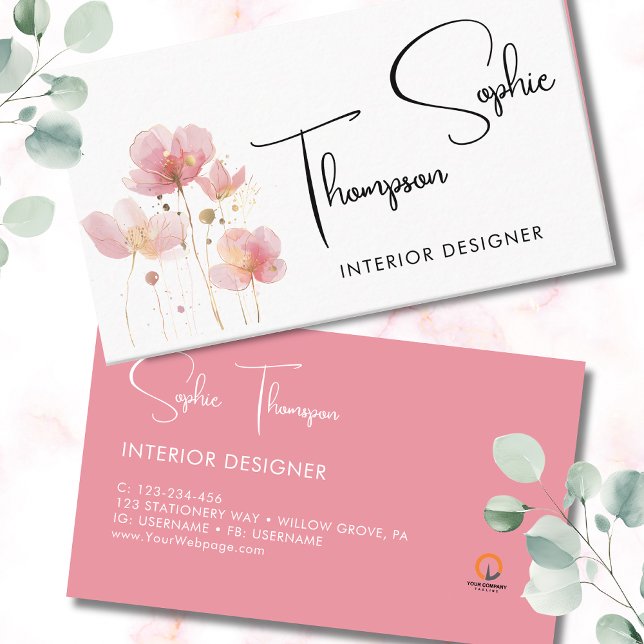 Simple and elegant Pink and gold rustic flowers Business Card (Creator Uploaded)