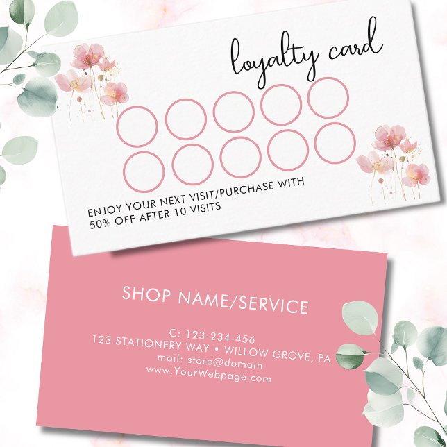 Simple and elegant Pink and gold rustic flowers Loyalty Card (Creator Uploaded)
