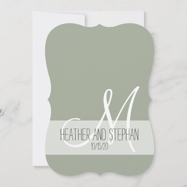 Simple and Elegant Sage Green Black White Monogram Invitation (Back)
