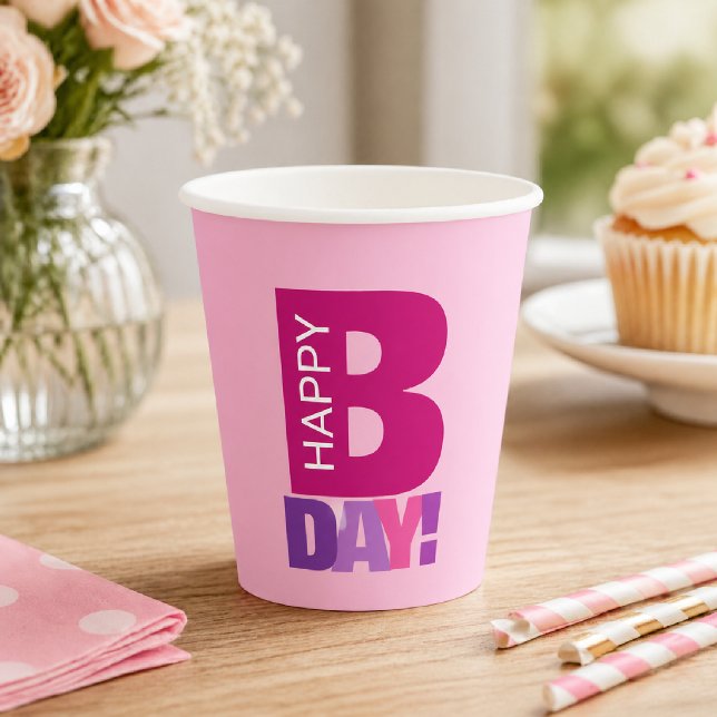 Simple and Fun Pink Happy Bday Paper Cups (Happy celebration pink paper birthday cups)