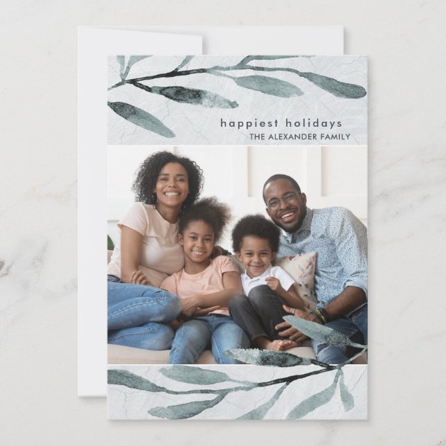 Simple and Modern Blue Botanical Photo Holiday Card (Front)