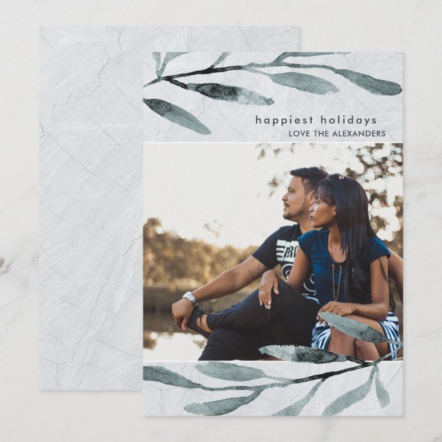 Simple and Modern Botanical Holiday Photo Card (Front/Back)