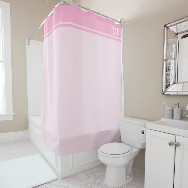 Simple and Pretty Light Pink Striped Monogram Shower Curtain (In Situ)