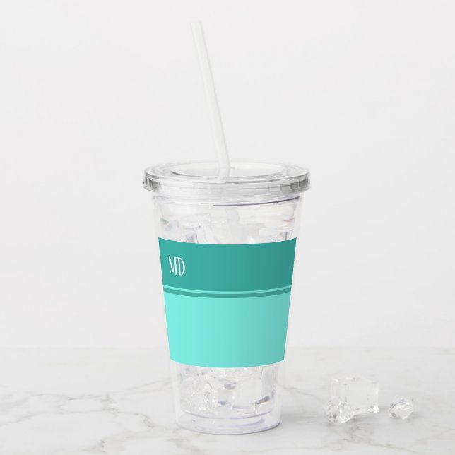 Simple and Pretty Teal Blue Striped Monogram Acrylic Tumbler (Front Ice)
