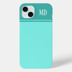 Simple and Pretty Teal Blue Striped Monogram iPhone 15 Mini Case