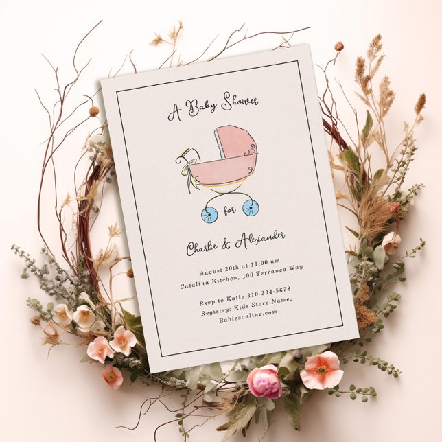 Simple and Sweet Pink and Blue Pram Baby Shower Invitation (Creator Uploaded)