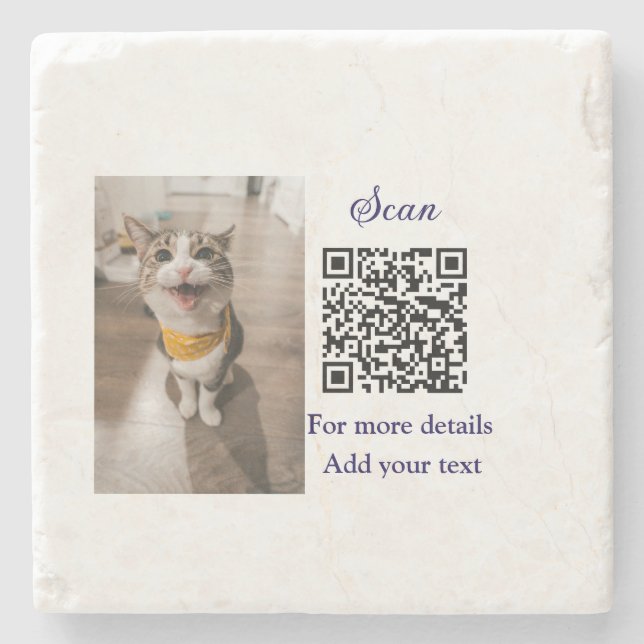 Simple animal name details QR code add text photo  Stone Coaster (Front)