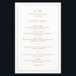 Simple Antique Gold Monogram Elegant Wedding Menu<br><div class="desc">Simple wedding menu featuring a modern yet elegant design with your two letter monogram along with your names and date surrounded by a thin border. All text is in faux gold over a white background. The fonts and background colours may be changed to any colours you wish by clicking the...</div>