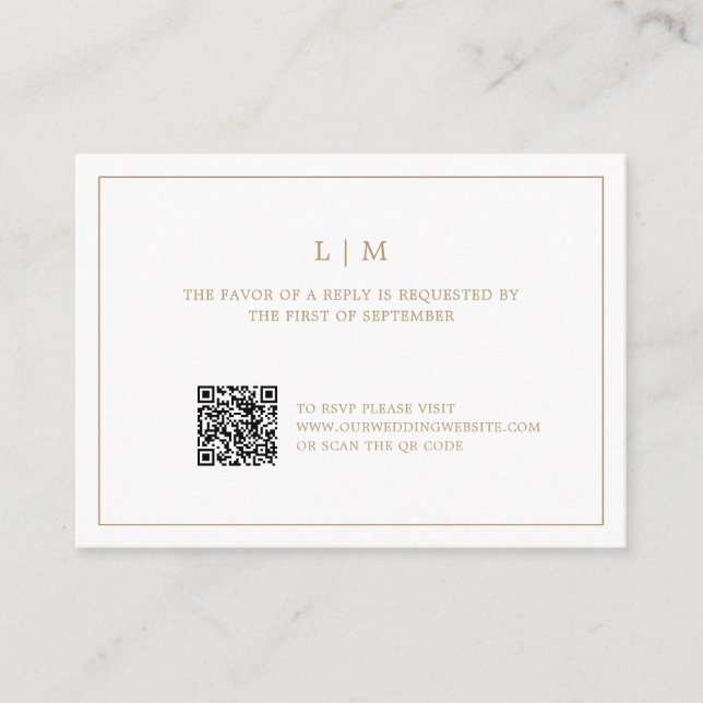 Simple Antique Gold Monogram QR Code Wedding RSVP Card (Front)