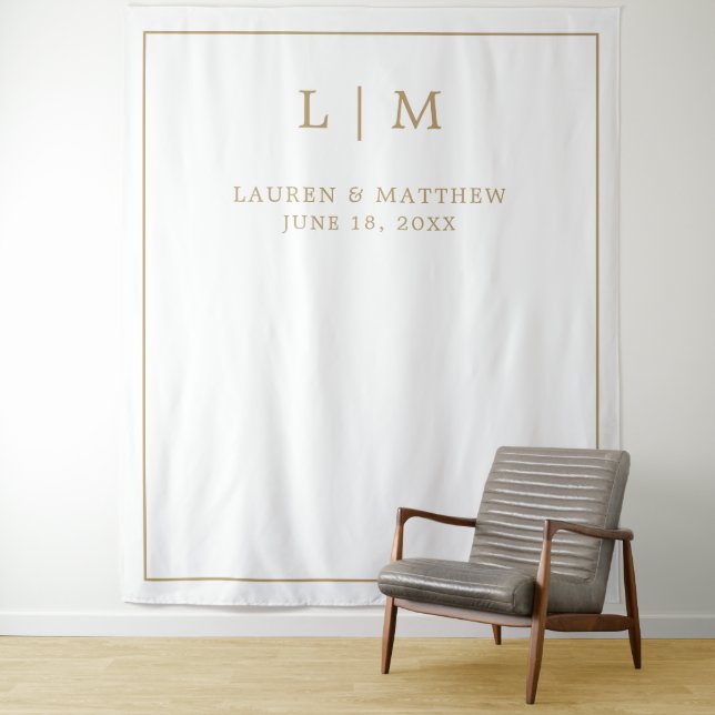Simple Antique Gold Monogram Wedding Backdrop Tapestry (In Situ)
