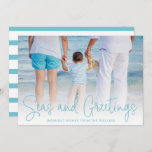 Simple Aqua Beach Photo Elegant Christmas Holiday Card<br><div class="desc">Send out holiday cheer with this nautical themed flat Christmas card featuring a simple design with the words "Seas and Greetings" in an elegant thin aqua script,  along with your message over your favourite horizontal beach vacation photo.  The backside has aqua and white stripes.</div>